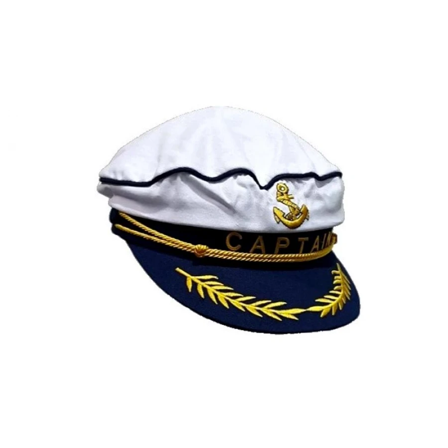 Бяла моряшка шапка с надпис Captain и златна котва от магазин Забава.