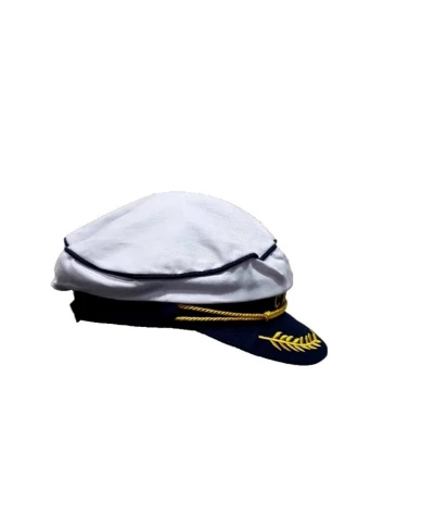 Бяла моряшка шапка с надпис Captain и златна котва от магазин Забава.