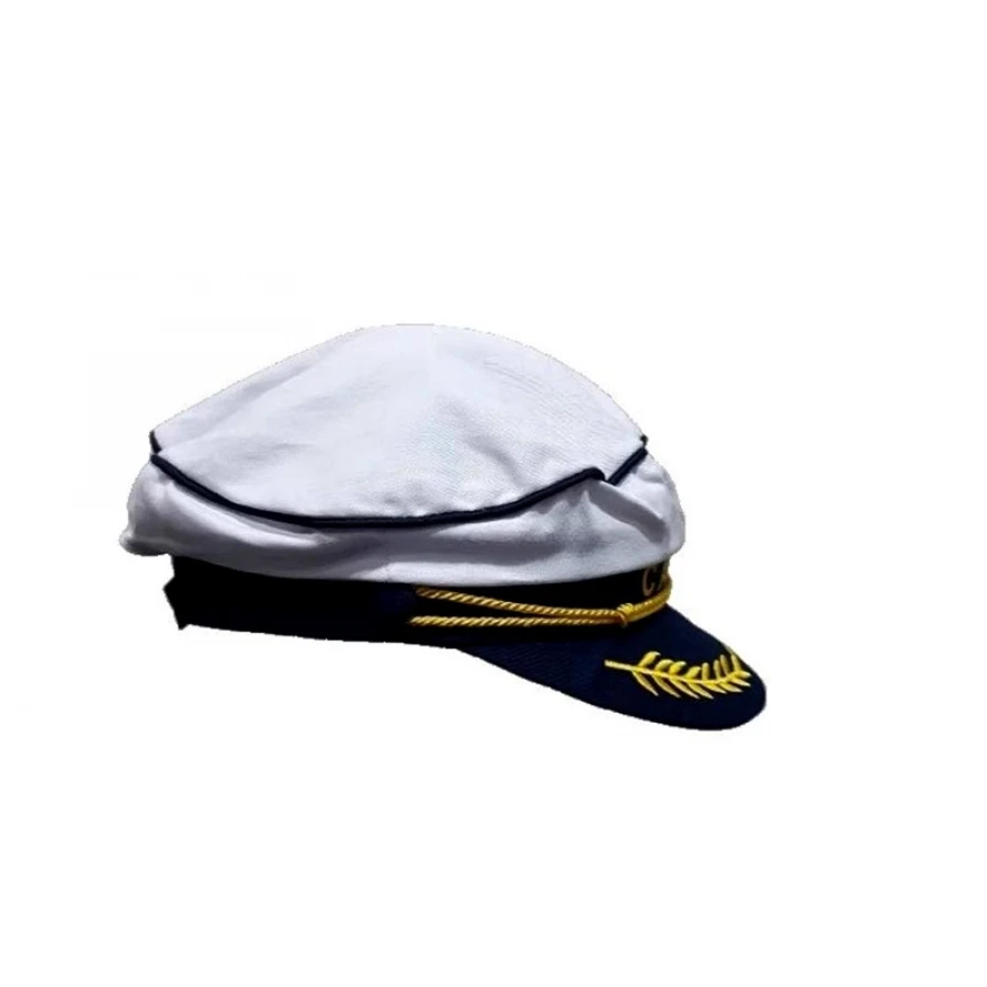 Бяла моряшка шапка с надпис Captain и златна котва от магазин Забава.