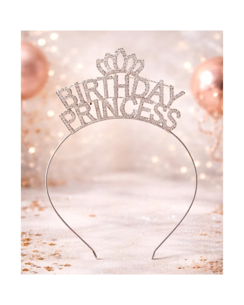 Сребриста диадема Birthday Princess с блестящ надпис и декоративна корона за рожден ден на момиче