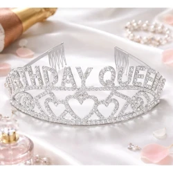 Корона Happy Birthday Queen – сребриста с кристали и сърца