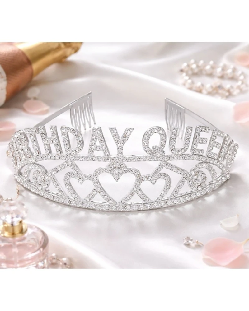 Сребриста корона Birthday Queen с блестящи кристали, декоративни сърца и гребенчета за закрепване