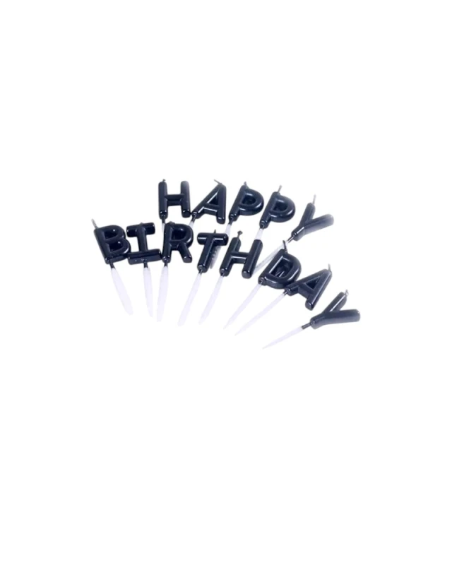 Черни свещи за торта HAPPY BIRTHDAY с 13 отделни букви и бели поставки за рожден ден