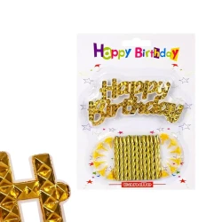 Комплект златни свещи за торта и релефен надпис Happy Birthday