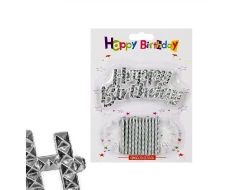 Комплект сребърни свещи за торта и релефен надпис Happy Birthday