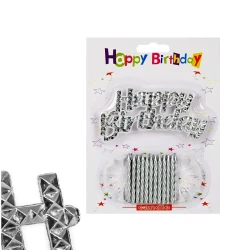 Комплект сребърни свещи за торта и релефен надпис Happy Birthday