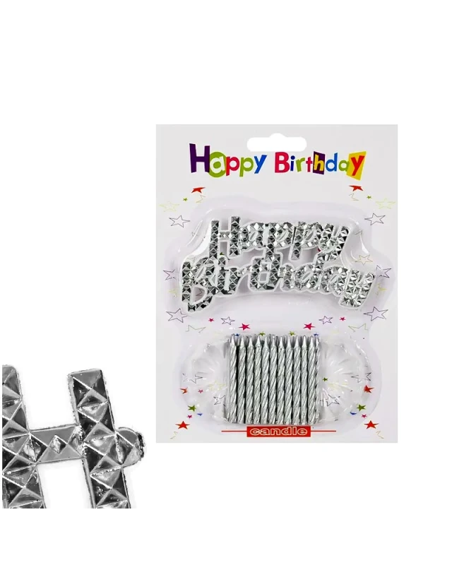 Сребърен комплект свещи Happy Birthday 24 свещи 12 поставки