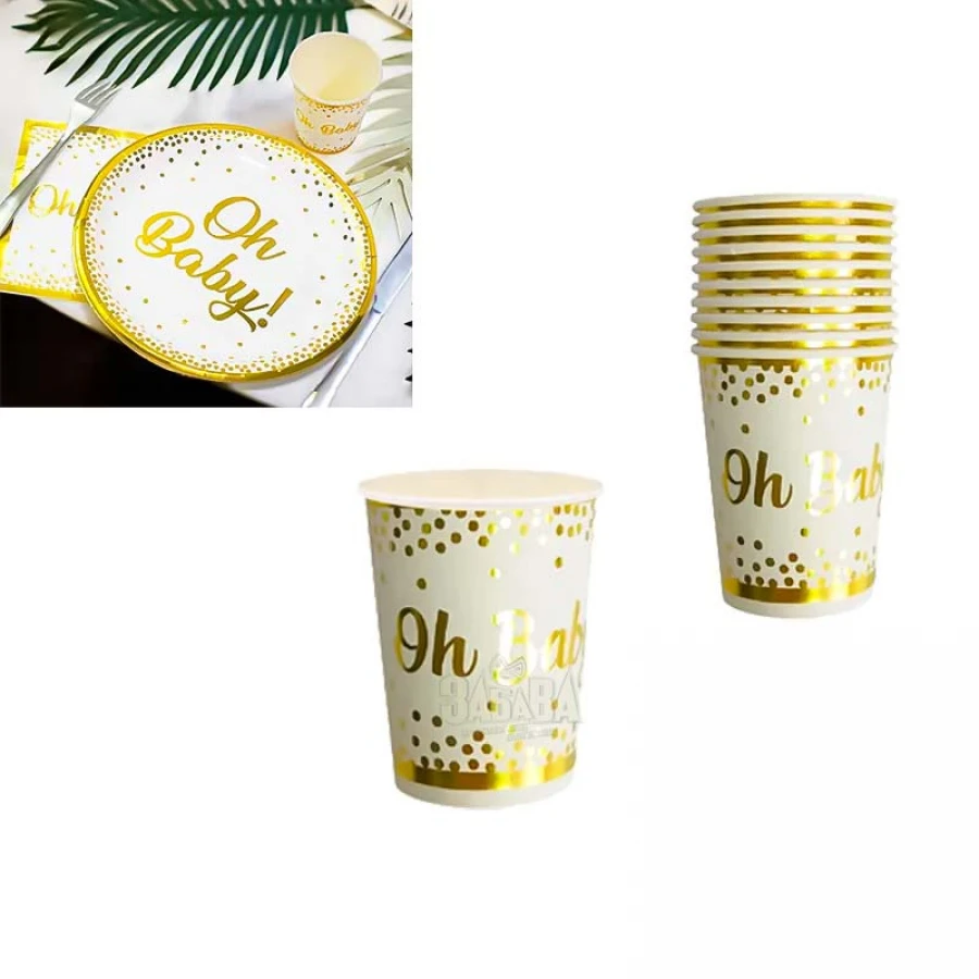 Розов и златен парти сет за бебе момиче с банер Стъпвай смело, балони лебед, златна стойка за мъфини и 3D пеперуди.