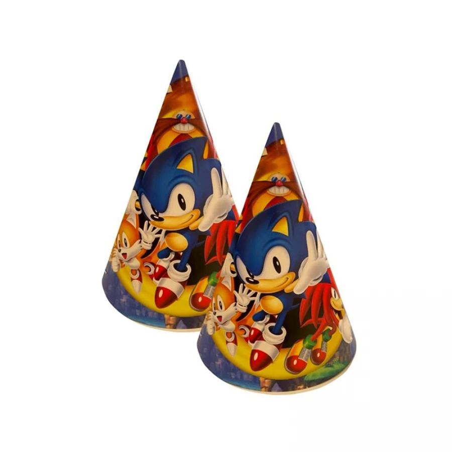 Парти шапки Соник – комплект от 5 броя хартиени шапки с ластичка и дизайн на Sonic the Hedgehog.