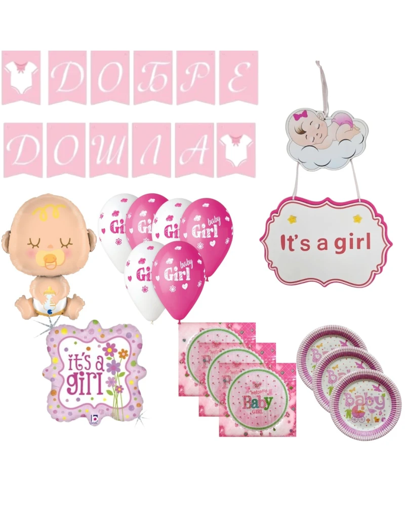 Парти комплект за посрещане на бебе момиче с розови балони Baby Girl, банер Добре дошла, чинии, салфетки и висяща украса