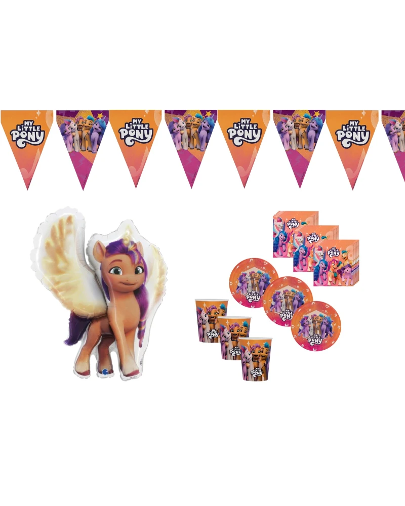 Парти комплект Малкото пони My Little Pony с фолиев балон, 16 чаши, 16 чинии, 16 салфетки и гирлянд с флагчета