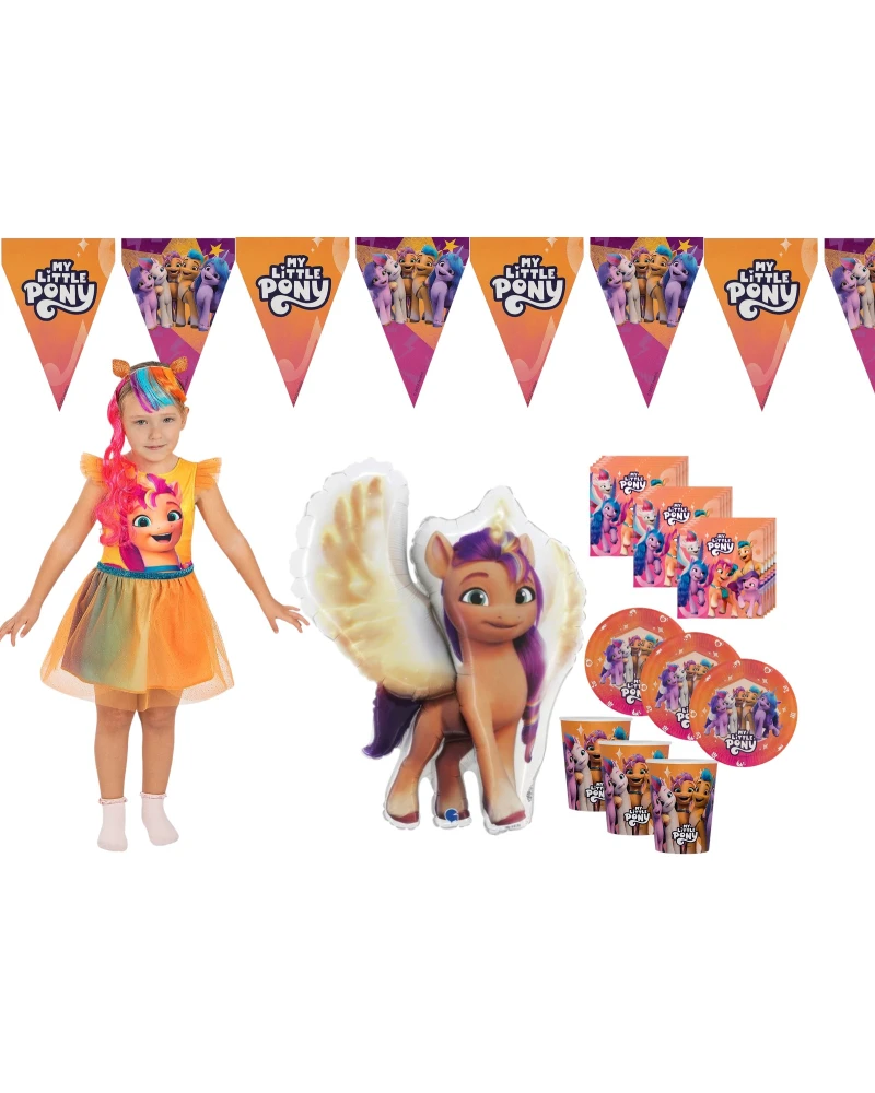 Комплект за рожден ден Малкото пони My Little Pony с детски костюм, фолиев балон, 16 чаши, 16 чинии, 16 салфетки и гирлянд с флагчета