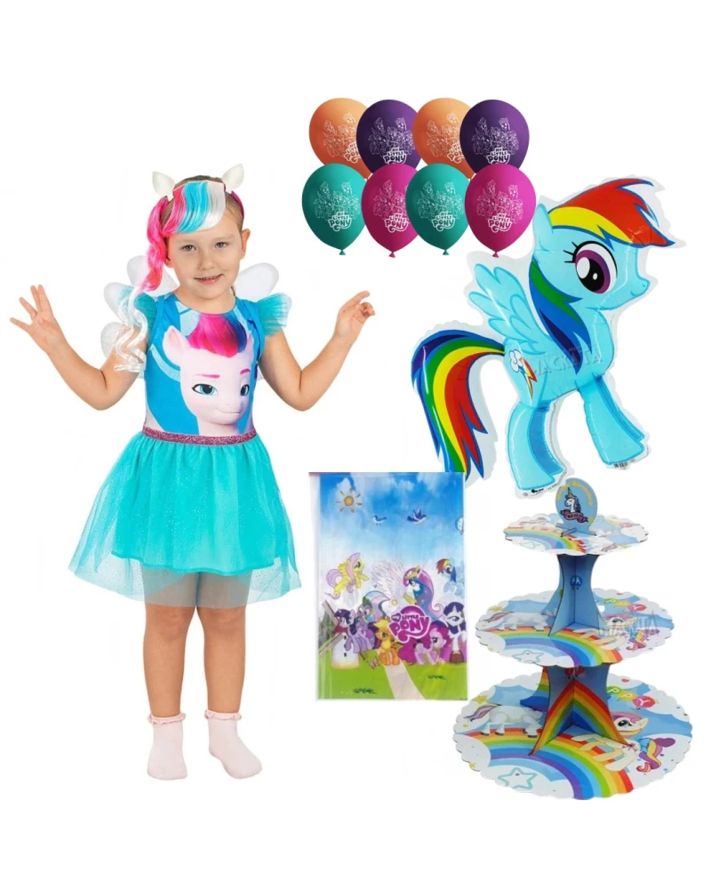 Комплект за рожден ден Малкото пони My Little Pony с детски костюм, фолиев балон Rainbow Dash, 8 латексови балона, покривка и стойка за мъфини