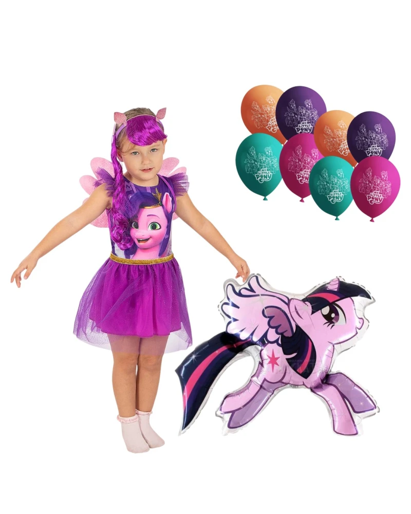 Комплект за рожден ден Малкото пони My Little Pony с лилав детски костюм Twilight Sparkle, фолиев балон и 8 латексови балона