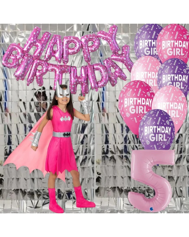 Детски парти комплект Батгърл с костюм, розов надпис Happy Birthday, балони и фолиева фотостена
