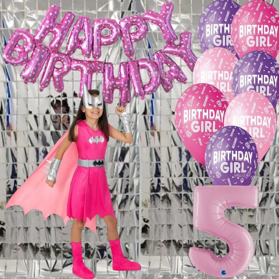 Детски парти комплект Батгърл с костюм, розов надпис Happy Birthday, балони и фолиева фотостена