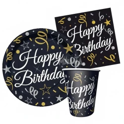 Парти сет в черен цвят 32бр - Happy Birthday