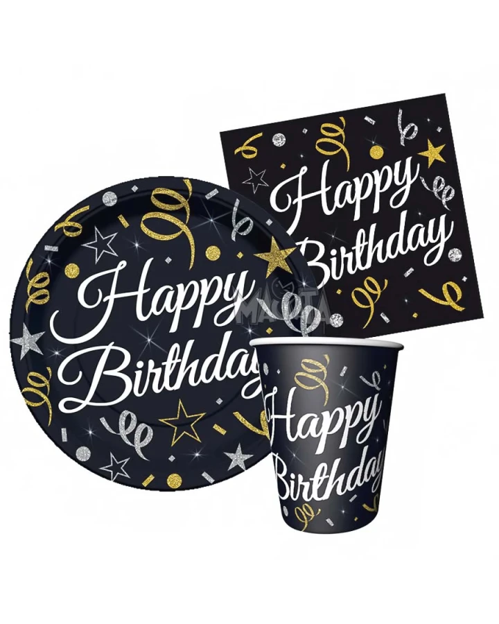 Парти сет в черен цвят 32бр - Happy Birthday