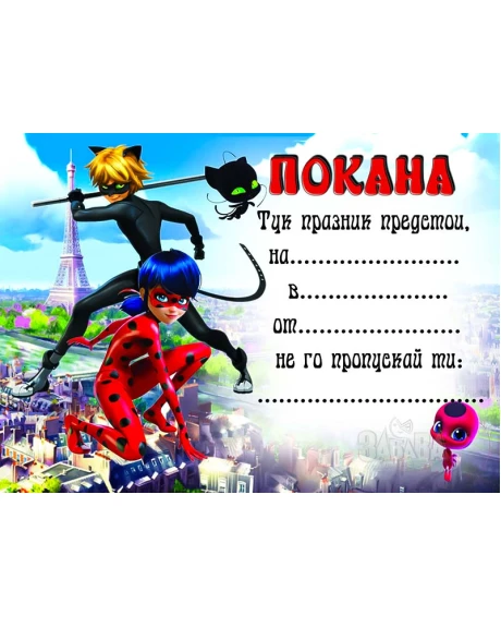 Парти покана за рожден ден - Калинката и Черния котарак 10бр