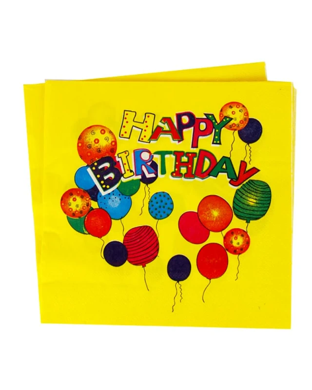 Пакет жълти хартиени салфетки 33 см с надпис Happy Birthday за детски рожден ден