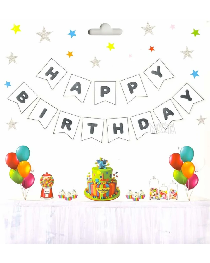 Парти украса - банер Happy Birthday в бял цвят