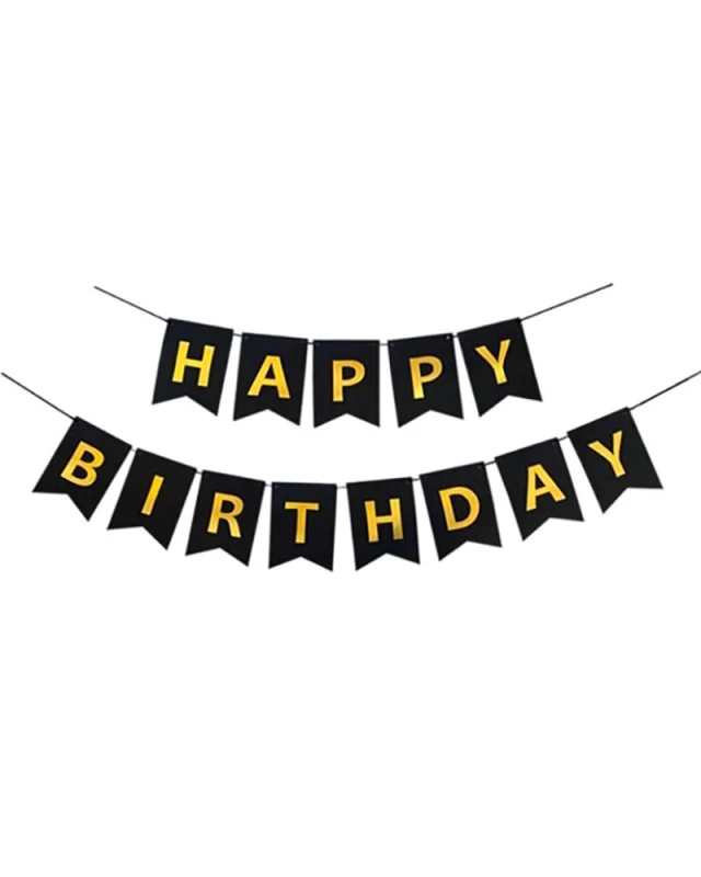 Черен хартиен банер Happy Birthday със златни или бели букви за декорация на рожден ден