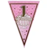 Розов хартиен гирлянд от флагчета с надпис 1st Birthday за първи рожден ден на момиче