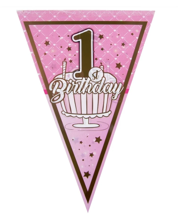 Розов хартиен гирлянд от флагчета с надпис 1st Birthday за първи рожден ден на момиче