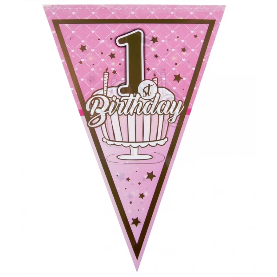 Розов хартиен гирлянд от флагчета с надпис 1st Birthday за първи рожден ден на момиче
