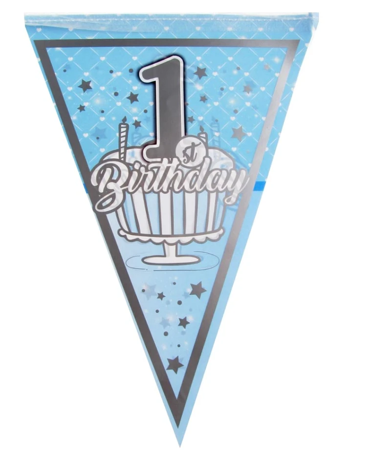Син хартиен гирлянд от флагчета с надпис 1st Birthday за първи рожден ден на момче