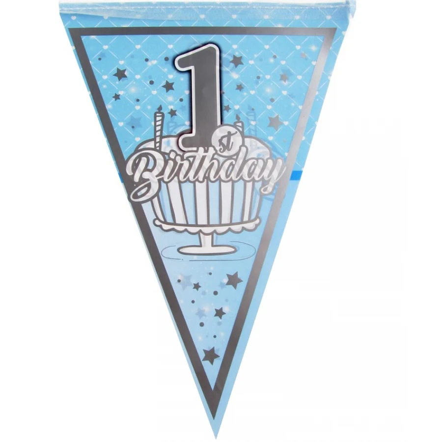 Син хартиен гирлянд от флагчета с надпис 1st Birthday за първи рожден ден на момче