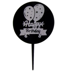 Черен топер за торта „Happy Birthday“ с балони