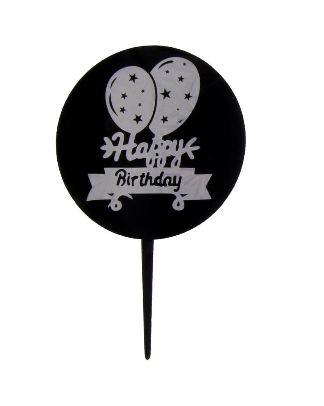 Черен топер за торта Happy Birthday с балони и звездички