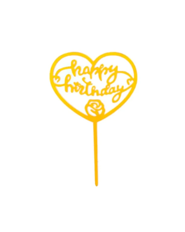 Златен топер за торта Happy Birthday във форма на сърце