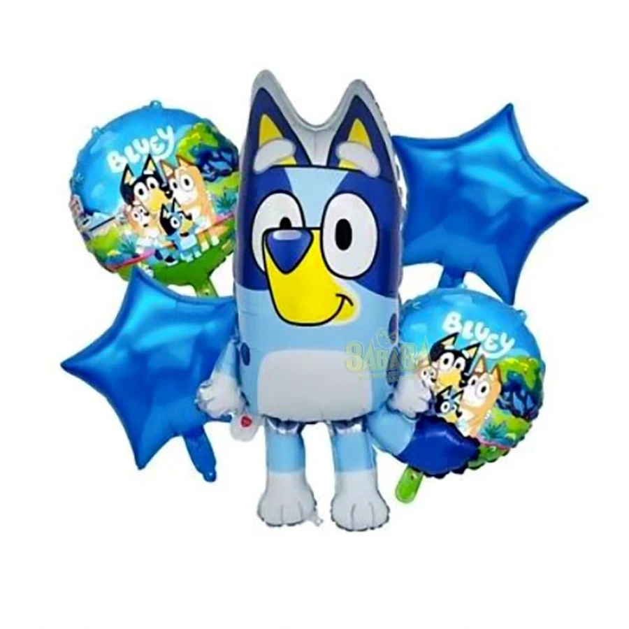 Сет от 5 парти балона Bluey – един балон с форма на куче, два кръгли с картинки и две звезди