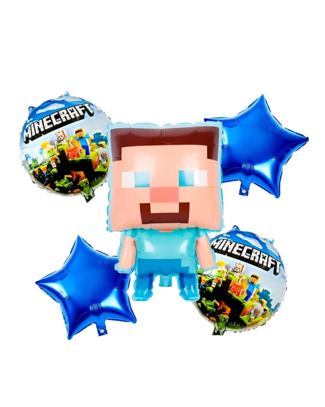 Комплект от 5 фолиеви балона Minecraft с герой от играта, кръгли балони и звезди за геймърски рожден ден