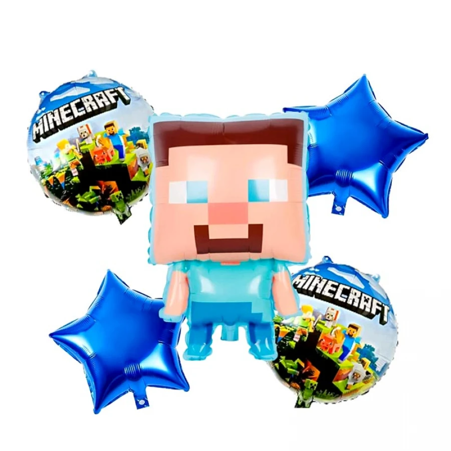 Комплект от 5 фолиеви балона Minecraft с герой от играта, кръгли балони и звезди за геймърски рожден ден