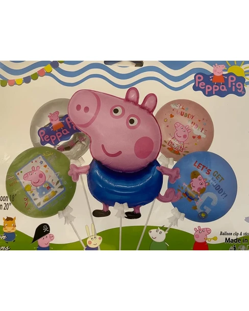 Фолиеви балони Peppa Pig и George за детски рожден ден с 4 кръгли балона на Пепа и Джордж и един голям на Джордж