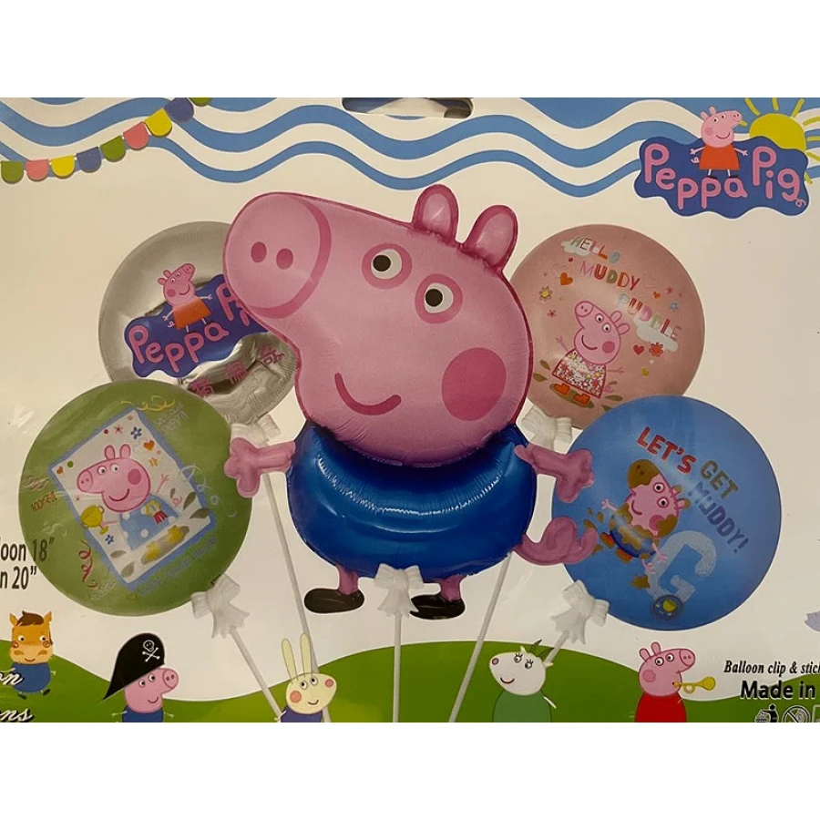Фолиеви балони Peppa Pig и George за детски рожден ден с 4 кръгли балона на Пепа и Джордж и един голям на Джордж