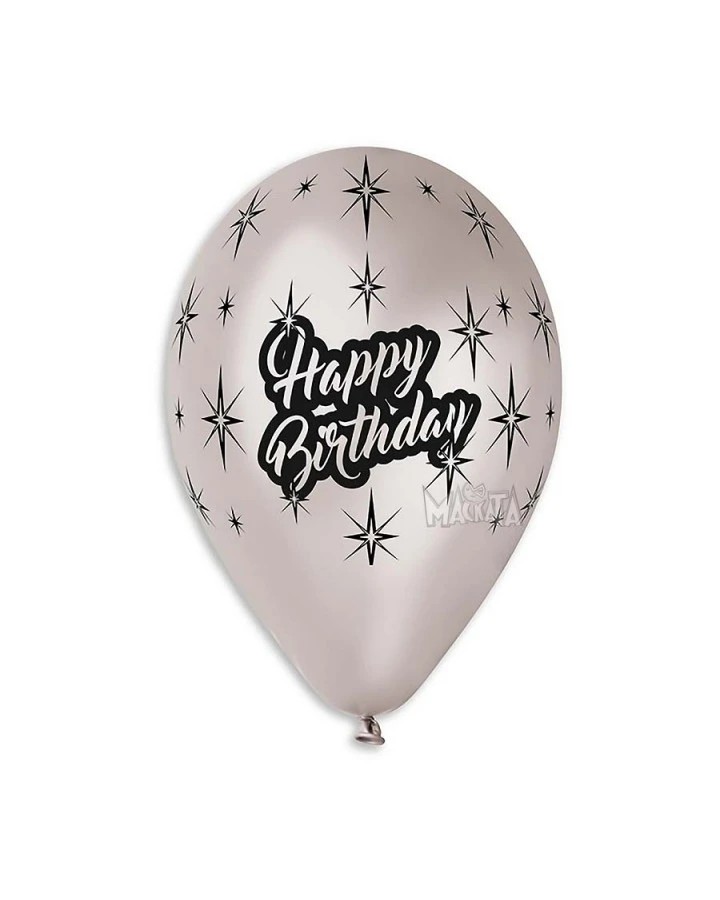 Балони с щампа - Happy Birthday металик 5бр