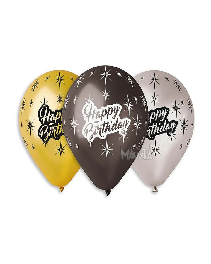 Балони с щампа - Happy Birthday металик 5бр