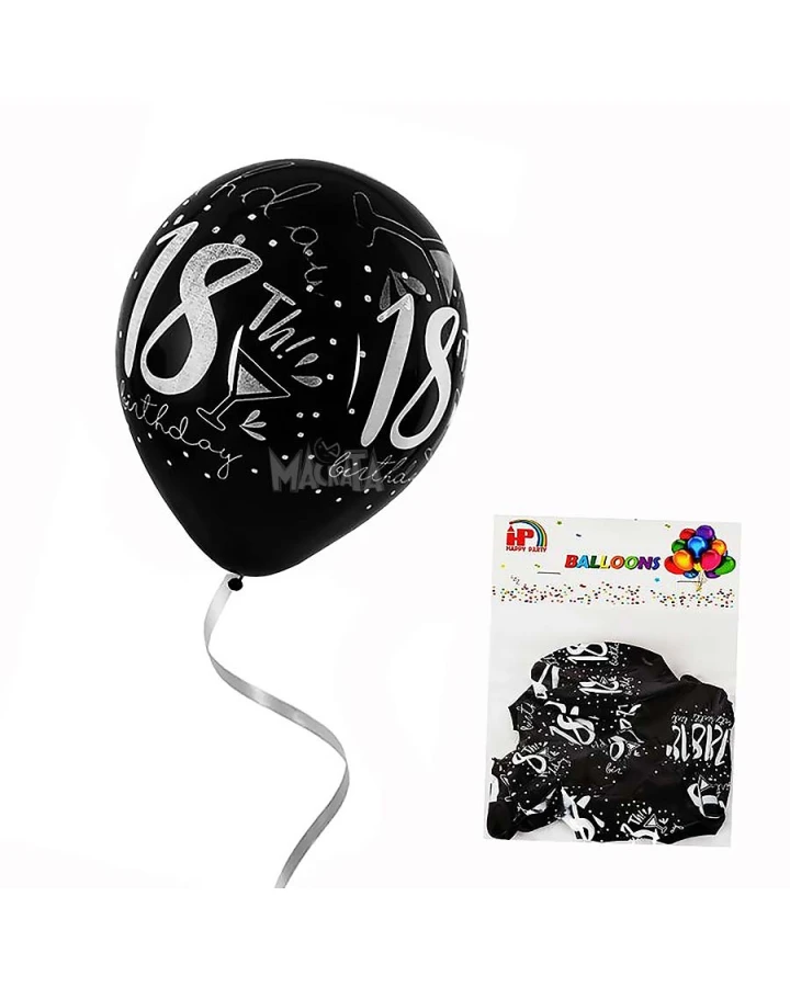 Пакет балони с щампа - Happy Birthday 18" в черен цвят 10бр