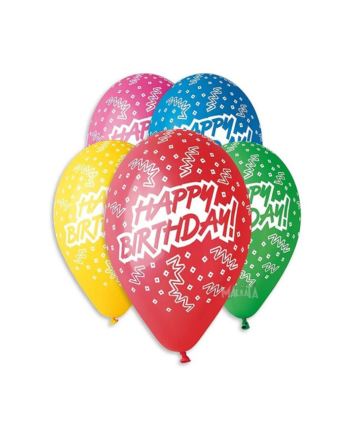 Балони с щампа - Happy Birthday с конфети 5бр