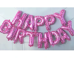 Фолиеви балони - Букви HAPPY BIRTHDAY в розов цвят на бели сърца