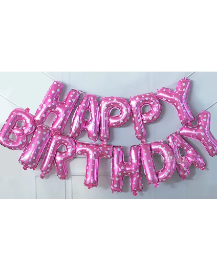 Фолиеви балони - Букви HAPPY BIRTHDAY в розов цвят на бели сърца