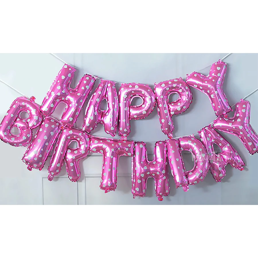 Фолиеви балони - Букви HAPPY BIRTHDAY в розов цвят на бели сърца