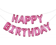 Фолиеви балони - Букви HAPPY BIRTHDAY в розов цвят на бели сърца