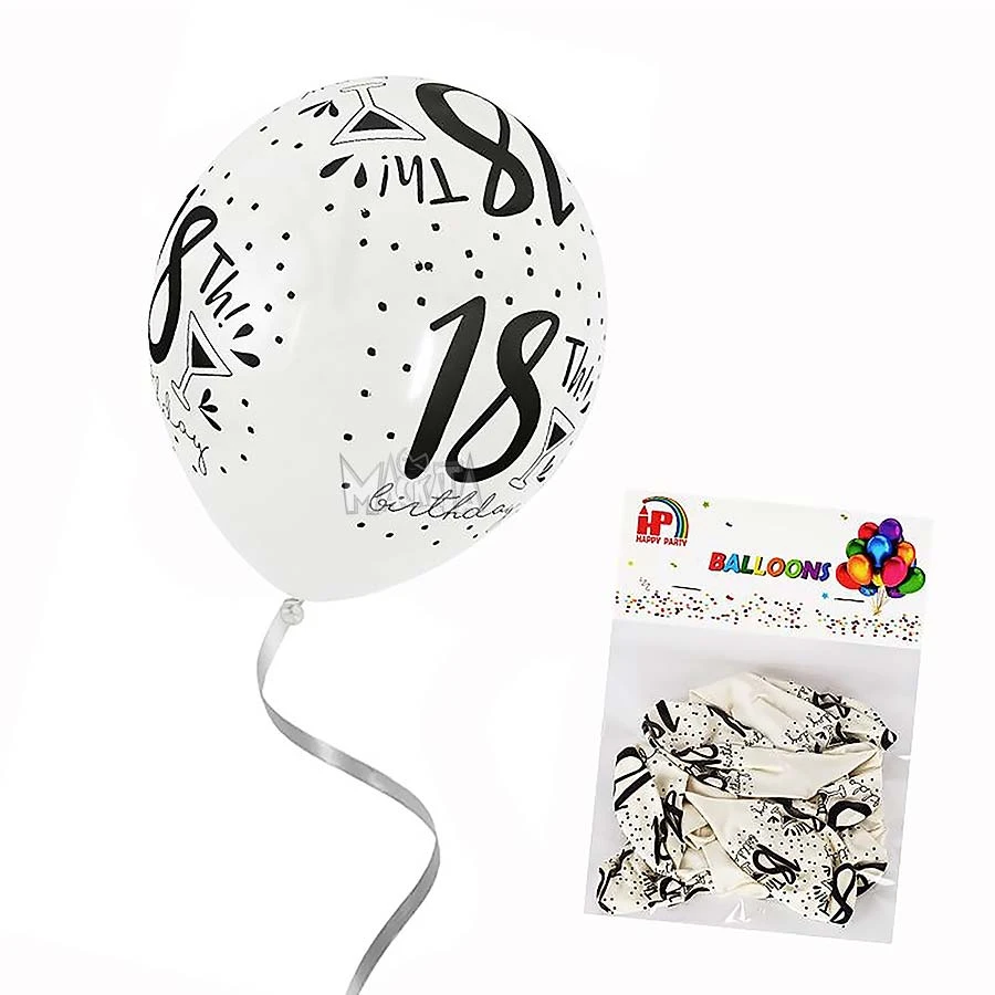 Пакет балони с щампа - Happy Birthday 18" в бял цвят 10бр