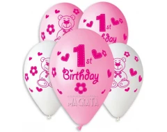 Балони за бебе момиче с щампа - Happy 1-st birthday 5бр
