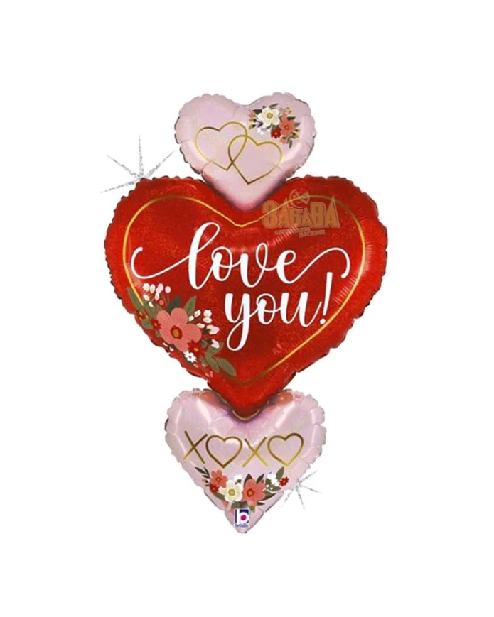 Фолиев балон три сърцa с надпис - I Love You
